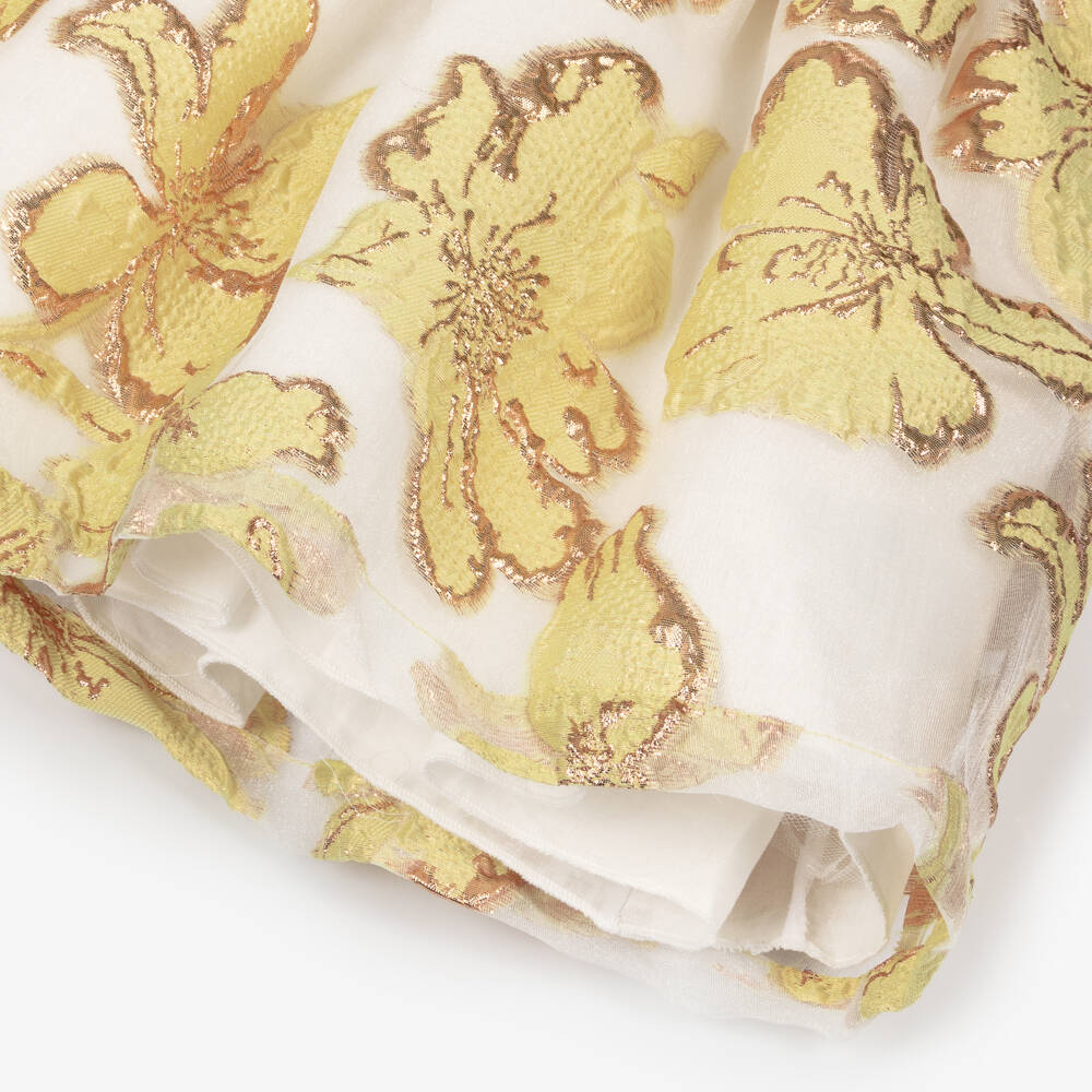 Hucklebones London-Girls Yellow & Gold Jacquard Floral Dress | Childrensalon