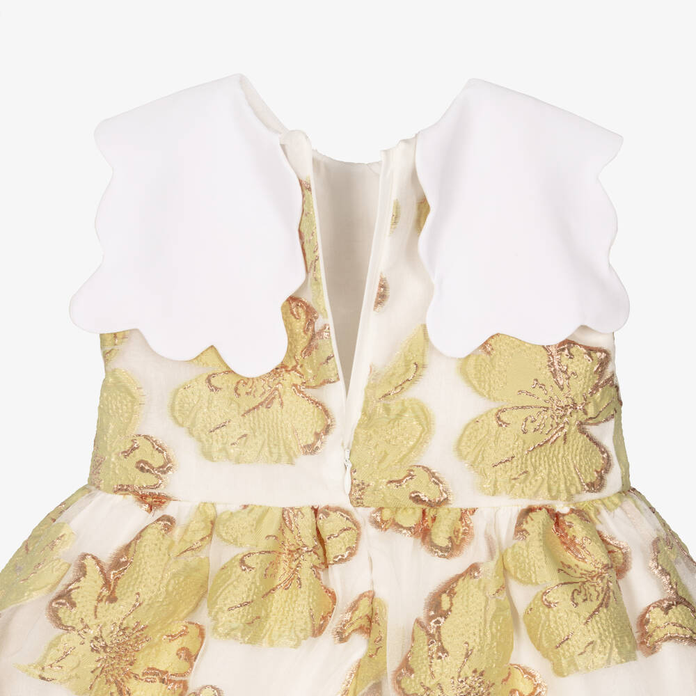 Hucklebones London-Girls Yellow & Gold Jacquard Floral Dress | Childrensalon