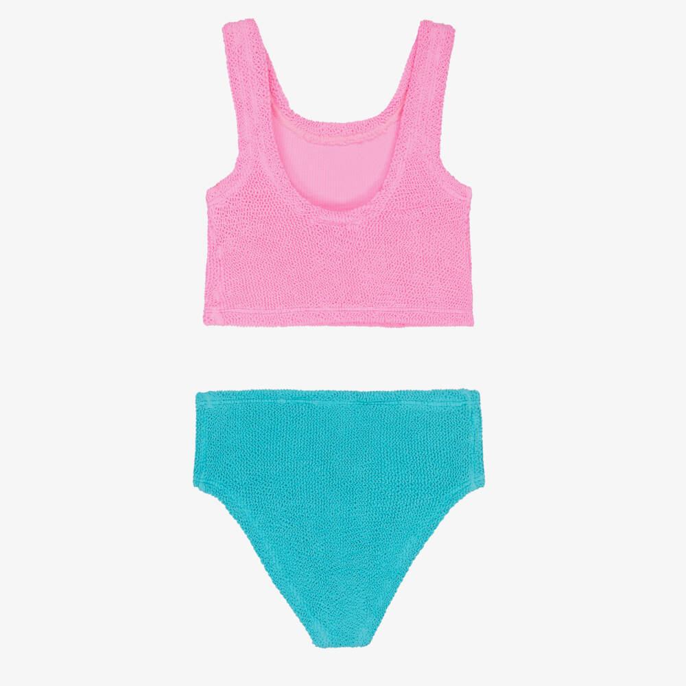 Hunza G-Girls Bubblegum Pink & Aqua Blue Crinkle Bikini | Childrensalon