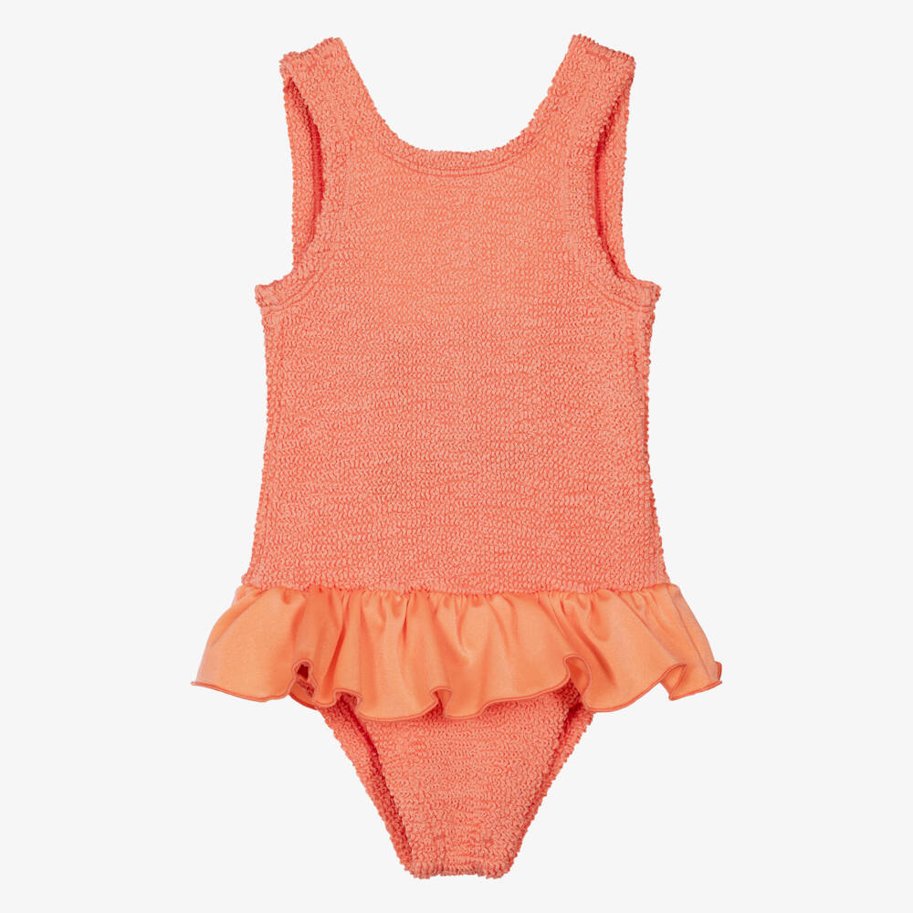 Hunza G-Girls Metallic Orange Crinkle Swimsuit with Ruffle | Childrensalon