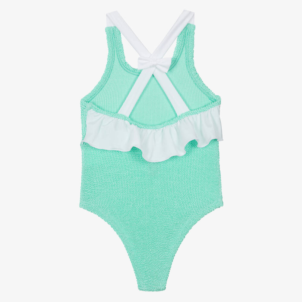 Hunza G-Girls Mint Green Crinkle Swimsuit with Bow & Ruffle | Childrensalon