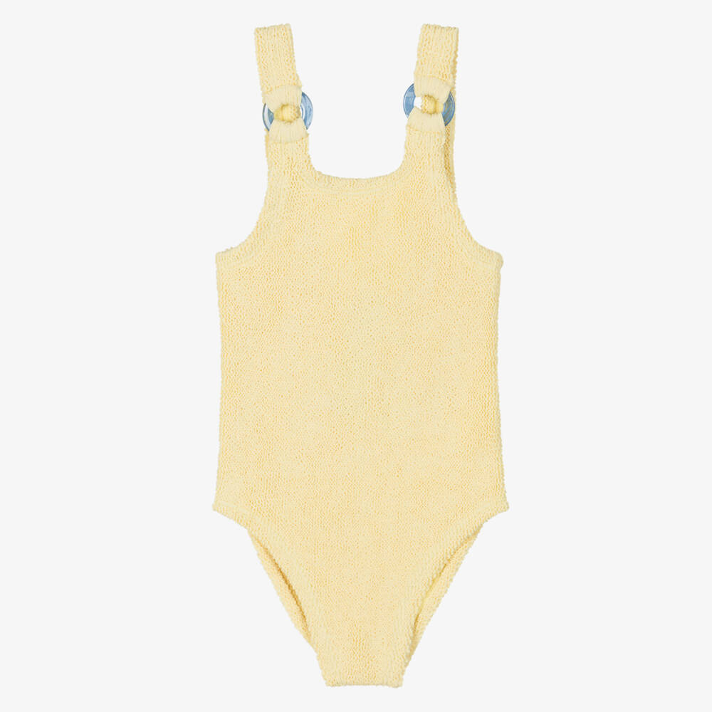 Hunza G-Girls Pale Yellow Crinkly Swimsuit with Ring Detailing | Childrensalon