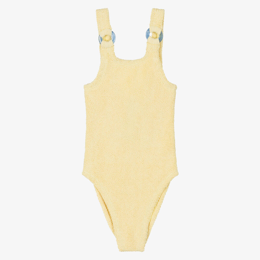 Hunza G-Girls Pale Yellow Crinkly Swimsuit with Ring Detailing | Childrensalon