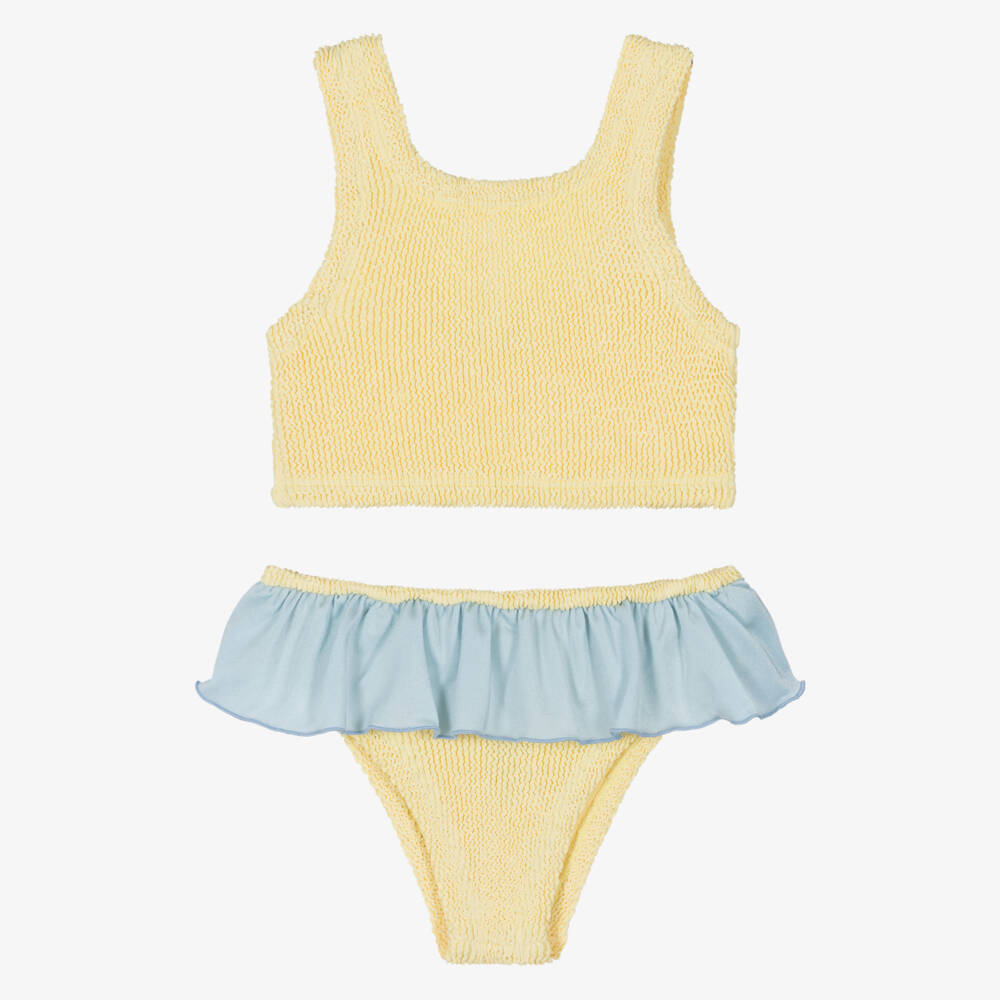 Hunza G-Girls Yellow Crinkle Bikini with Blue Frill | Childrensalon