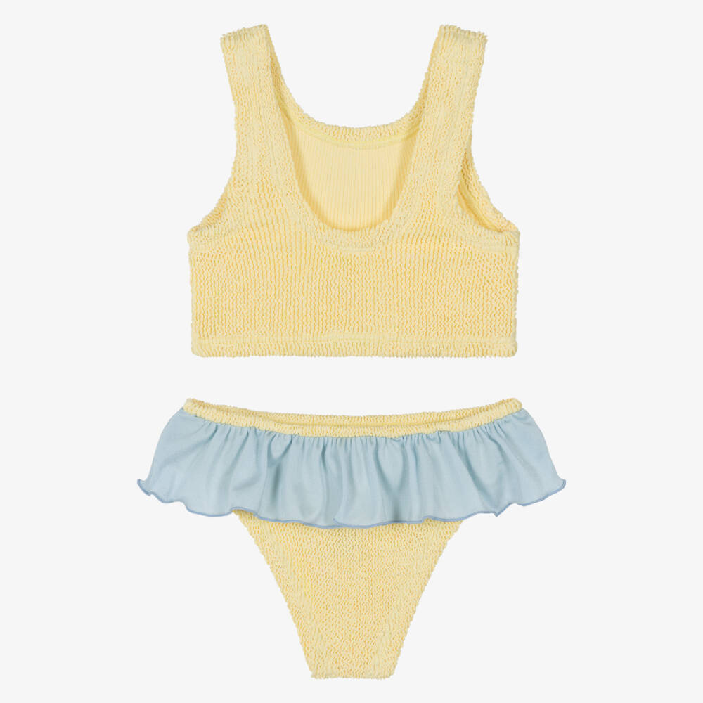 Hunza G-Girls Yellow Crinkle Bikini with Blue Frill | Childrensalon
