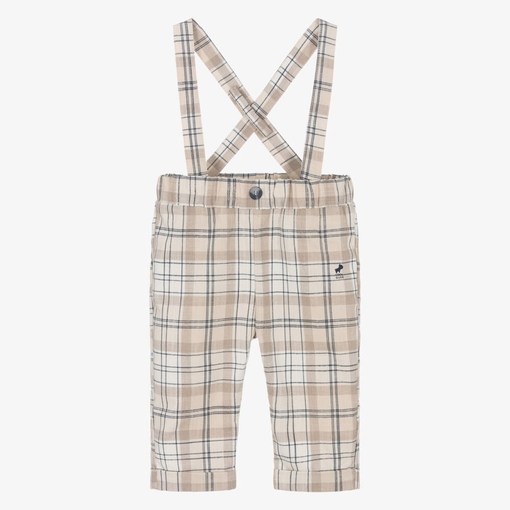 iDO Mini-بنطلون بحمالات بنقشة مربعات لون بيج للأولاد الرضع | Childrensalon
