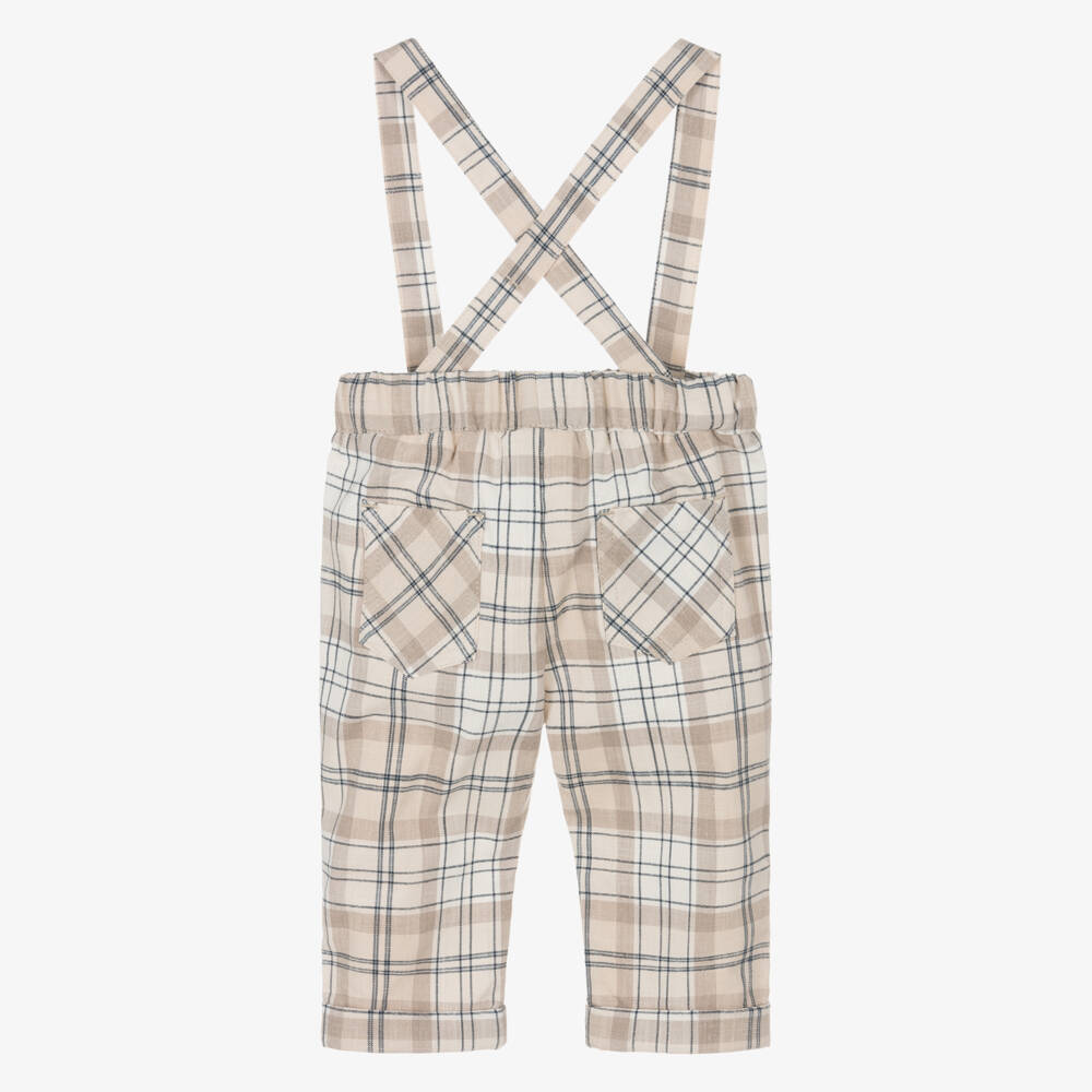 iDO Mini-Baby Boys Beige Check Trousers with Shoulder Straps | Childrensalon