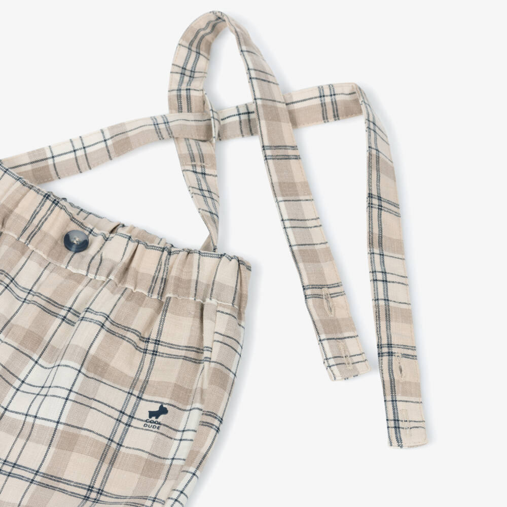 iDO Mini-Baby Boys Beige Check Trousers with Shoulder Straps | Childrensalon