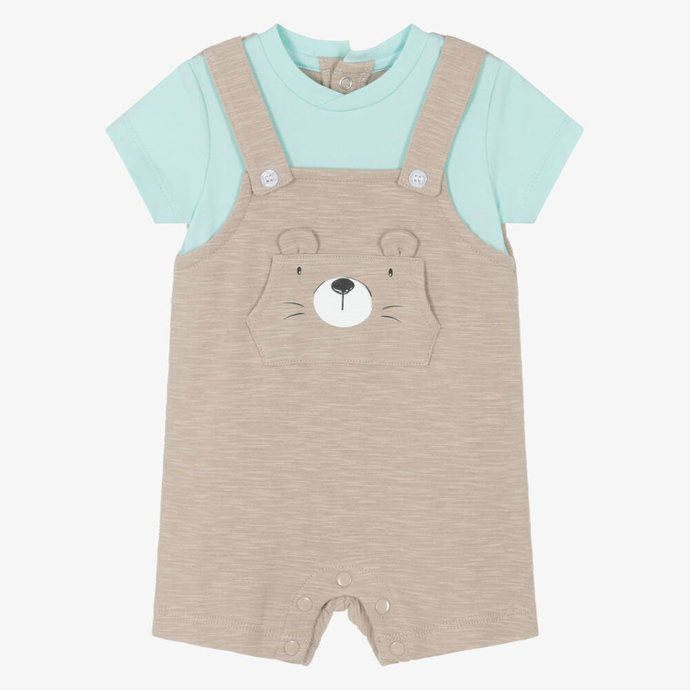 iDO Мини-Baby Boys Beige & Turquoise Blue Teddy Bear Shortie | Childrensalon