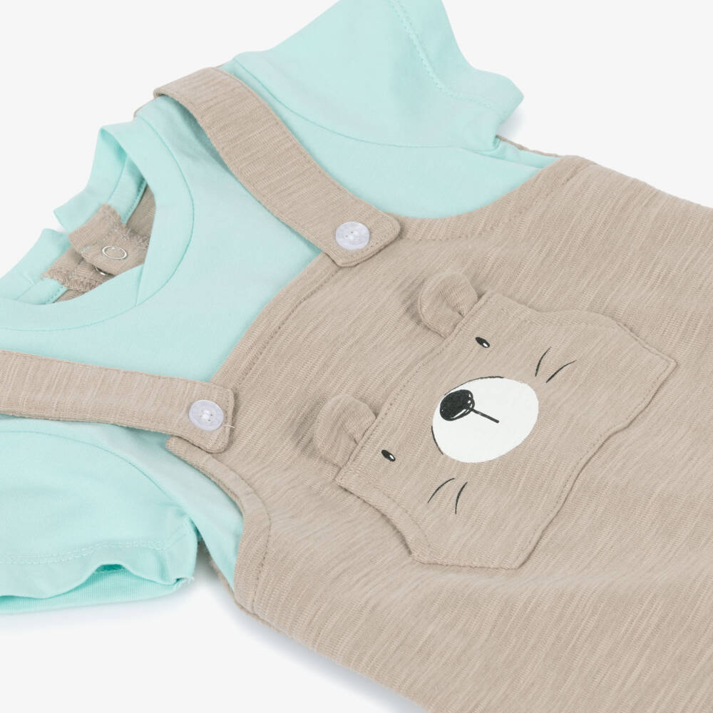 iDO Мини-Baby Boys Beige & Turquoise Blue Teddy Bear Shortie | Childrensalon