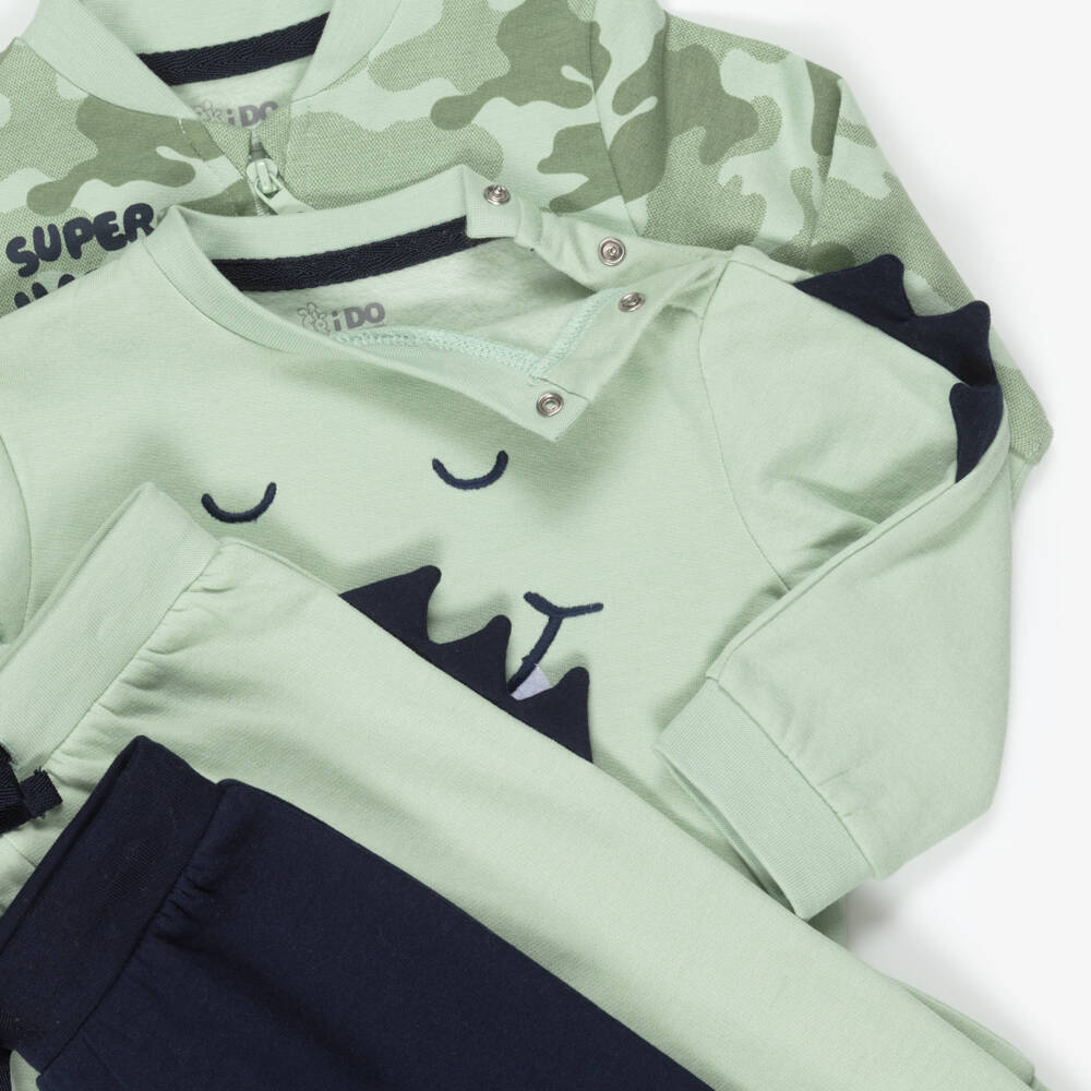 iDO-Baby Boys Green & Blue Cotton Dinosaur Tracksuits (2 Pack) | Childrensalon