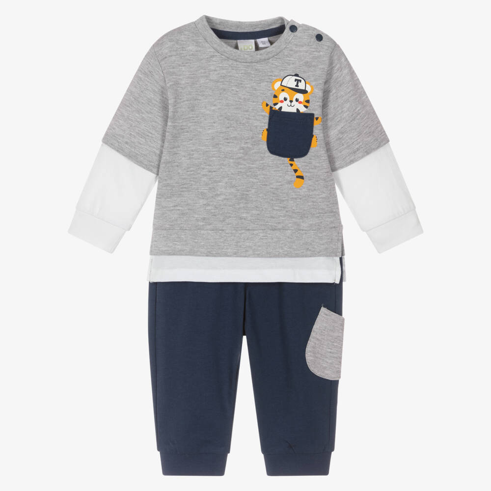 iDO-Baby Boys Grey & Navy Blue Trouser Set with Tiger Motif | Childrensalon