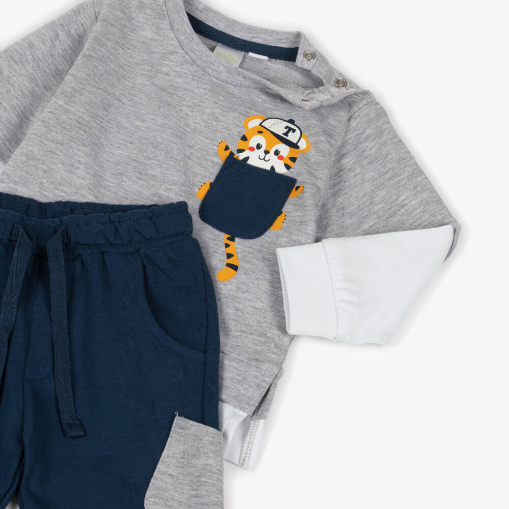 iDO-Baby Boys Grey & Navy Blue Trouser Set with Tiger Motif | Childrensalon