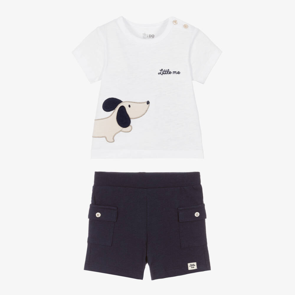 iDO-Baby Boys White & Blue Cotton Shorts Set with Dog Appliqué | Childrensalon