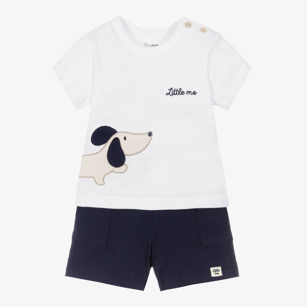 iDO-Baby Boys White & Blue Cotton Shorts Set with Dog Appliqué | Childrensalon