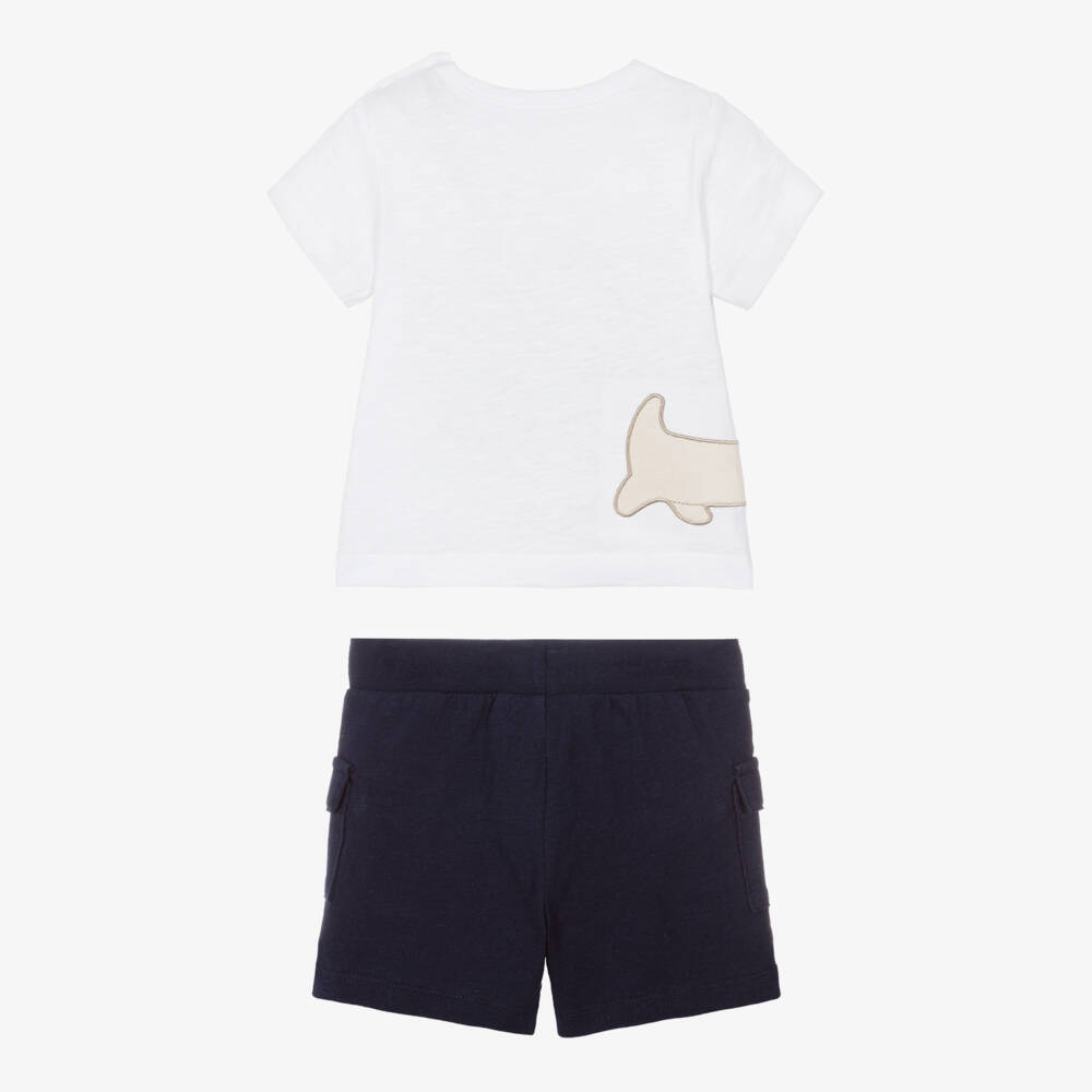 iDO-Baby Boys White & Blue Cotton Shorts Set with Dog Appliqué | Childrensalon