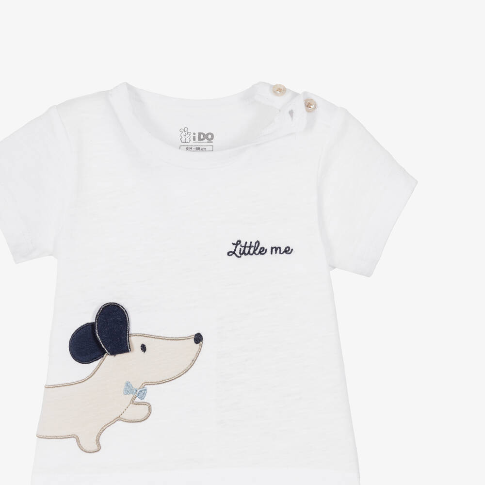 iDO-Baby Boys White & Blue Cotton Shorts Set with Dog Appliqué | Childrensalon