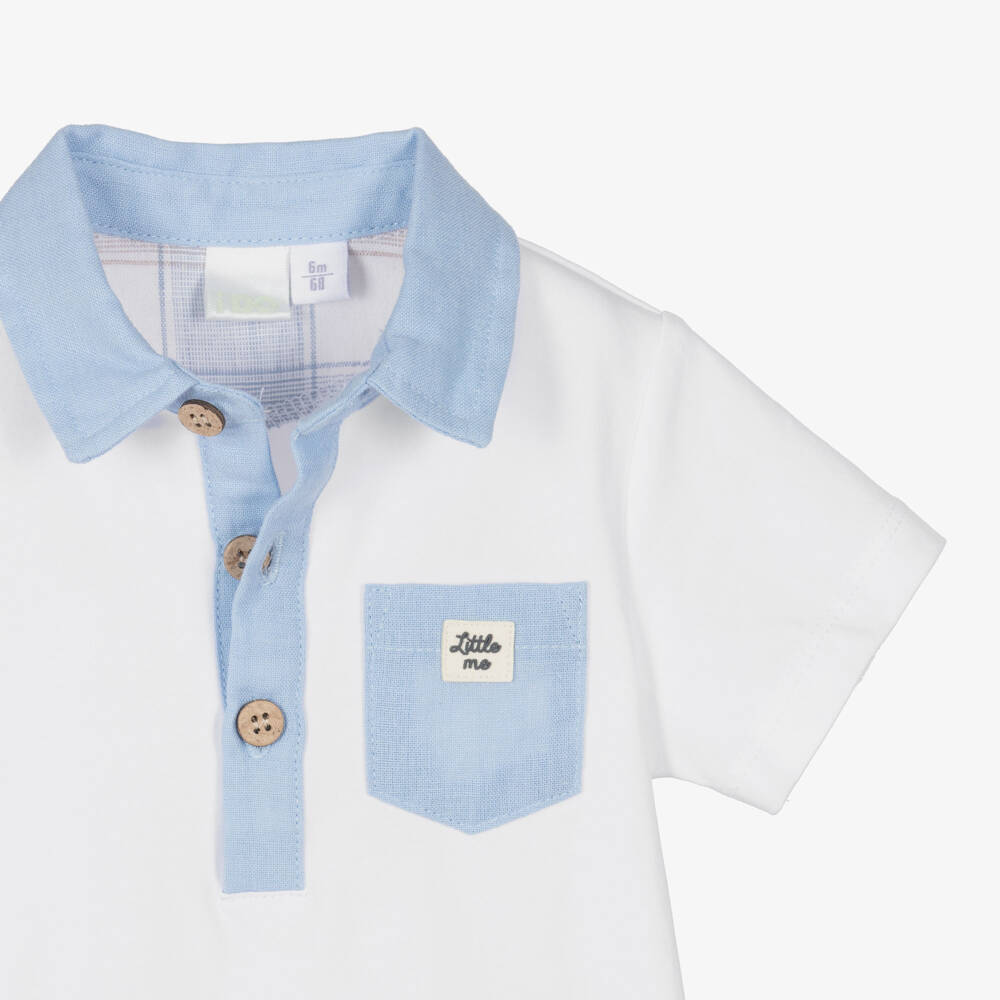 iDO-Baby Boys White Cotton Jersey Polo Shirt with Blue Trim | Childrensalon