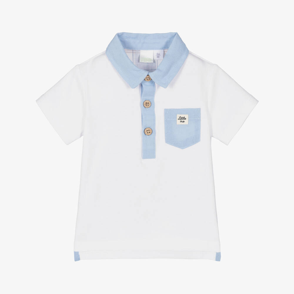 iDO-Baby Boys White Cotton Jersey Polo Shirt with Blue Trim | Childrensalon