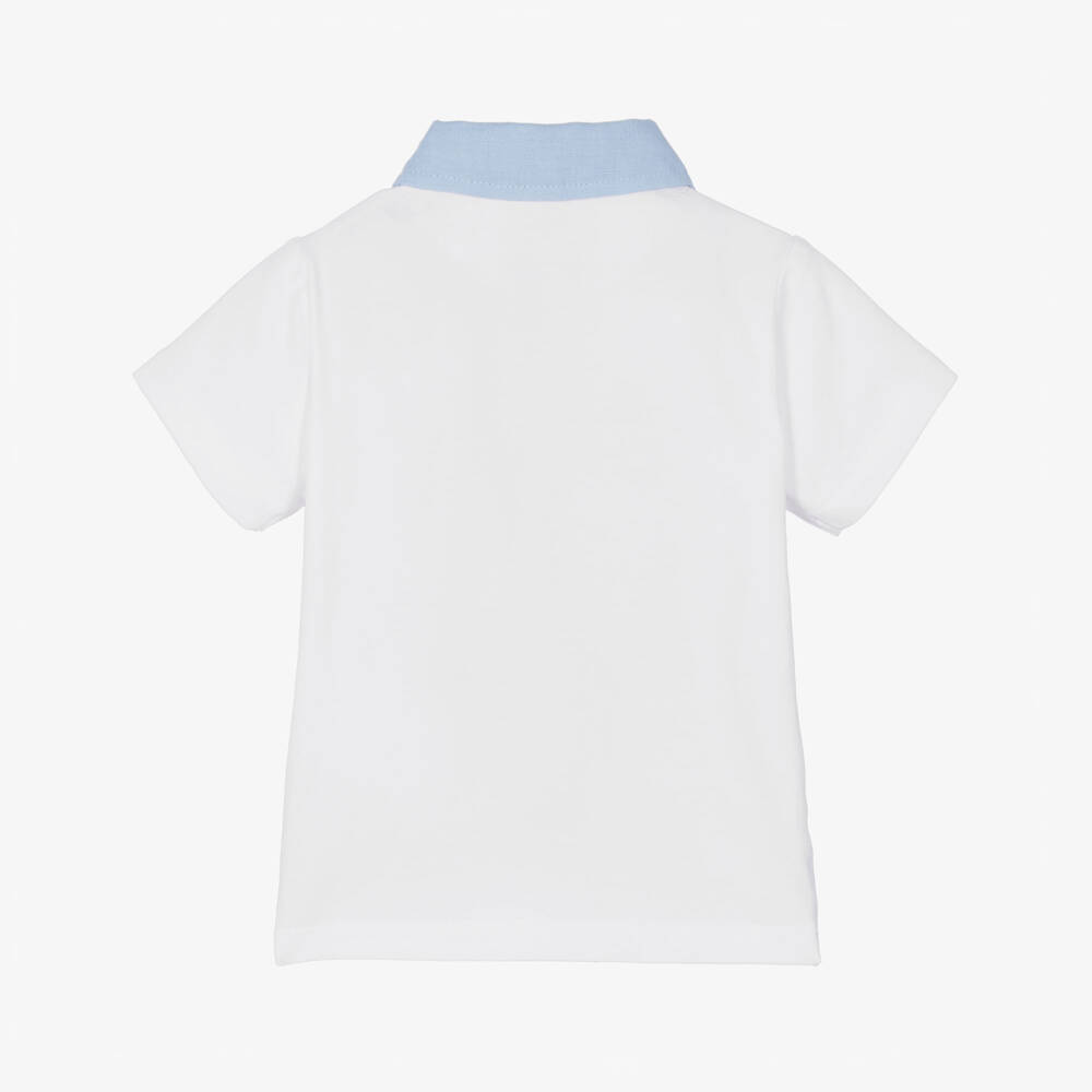iDO-Baby Boys White Cotton Jersey Polo Shirt with Blue Trim | Childrensalon