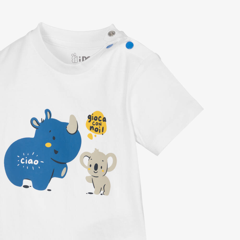 iDO-Baby Boys White Cotton T-Shirt with Animal Motifs | Childrensalon