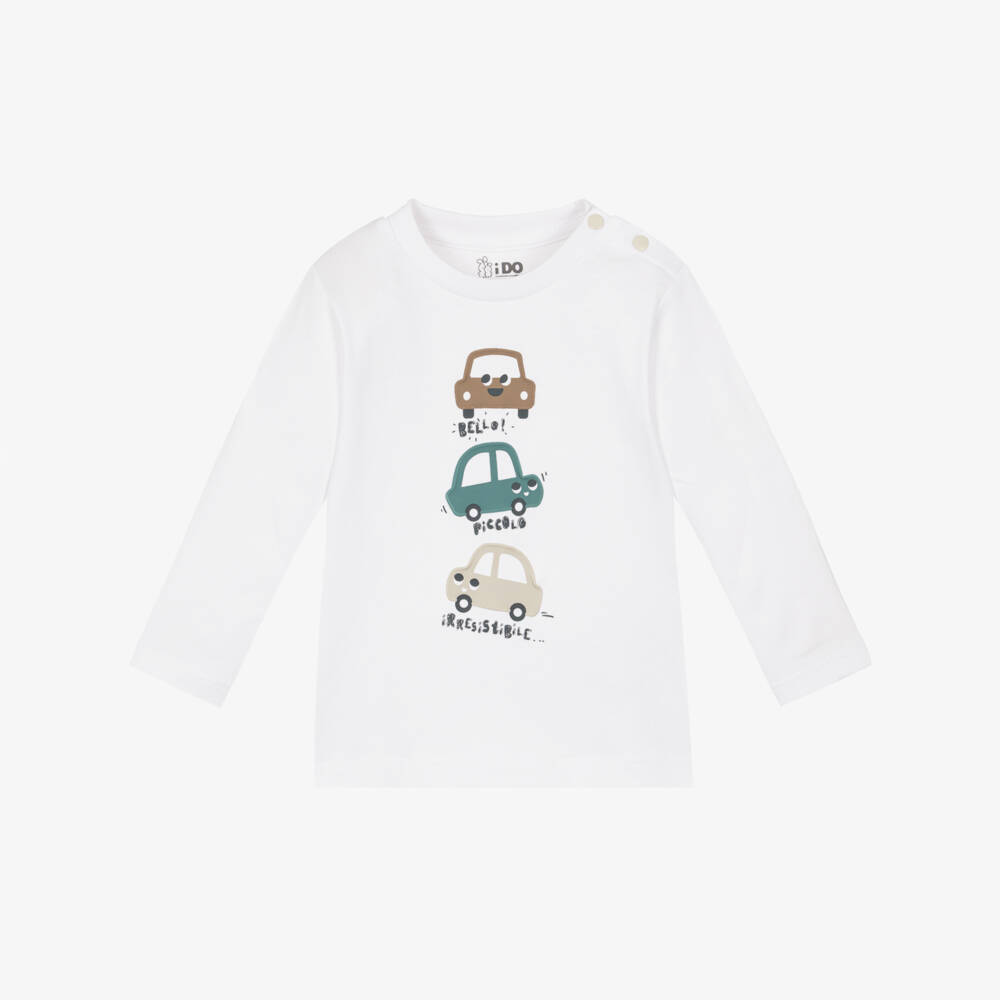iDO-Baby Boys White Cotton Top with Car Motifs | Childrensalon