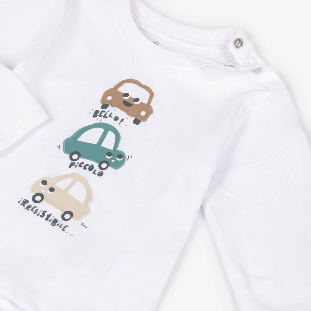 iDO-Baby Boys White Cotton Top with Car Motifs | Childrensalon