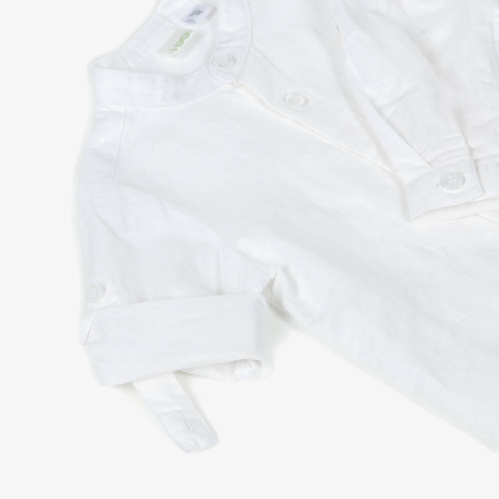 iDO-Baby Boys White Linen & Cotton Collarless Shirt | Childrensalon