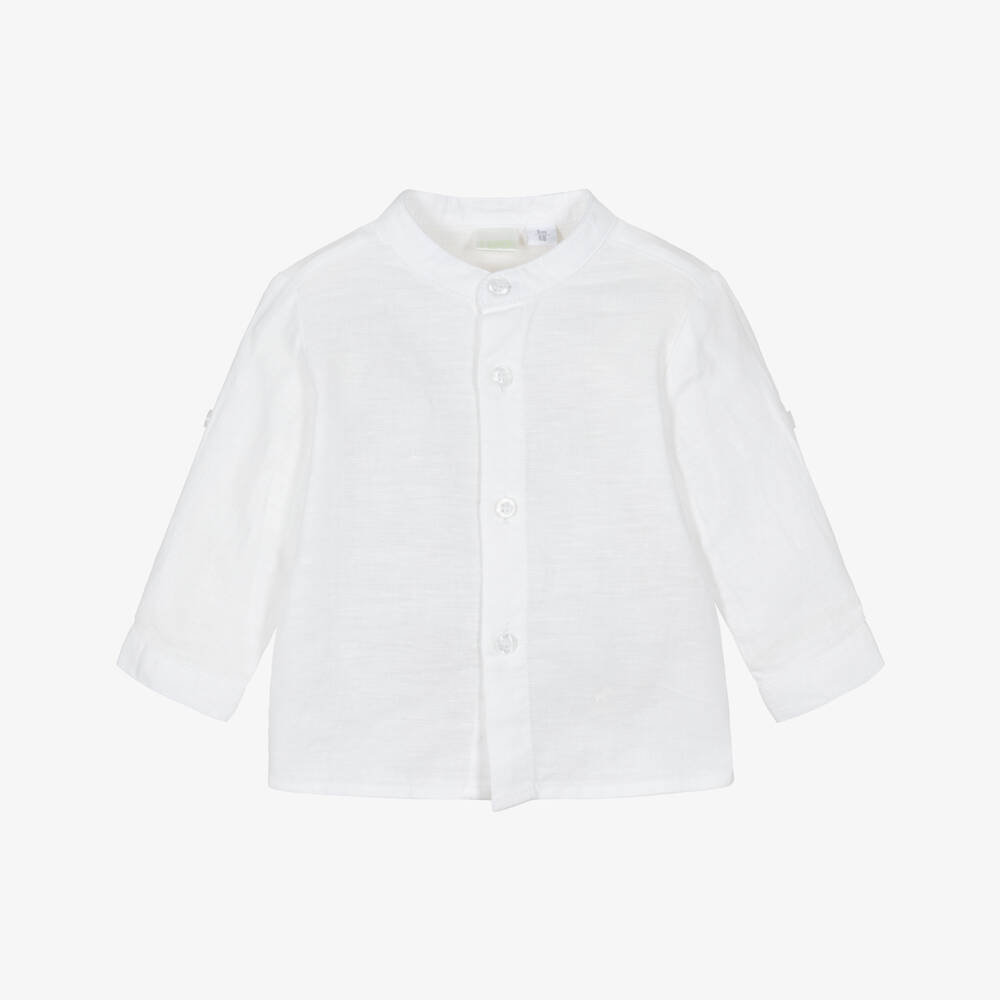 iDO-Baby Boys White Linen & Cotton Collarless Shirt | Childrensalon