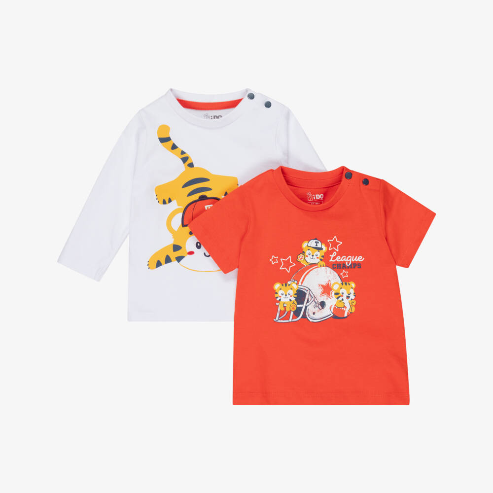 iDO-Baby Boys White & Red Cotton Tiger T-Shirts (2 Pack) | Childrensalon