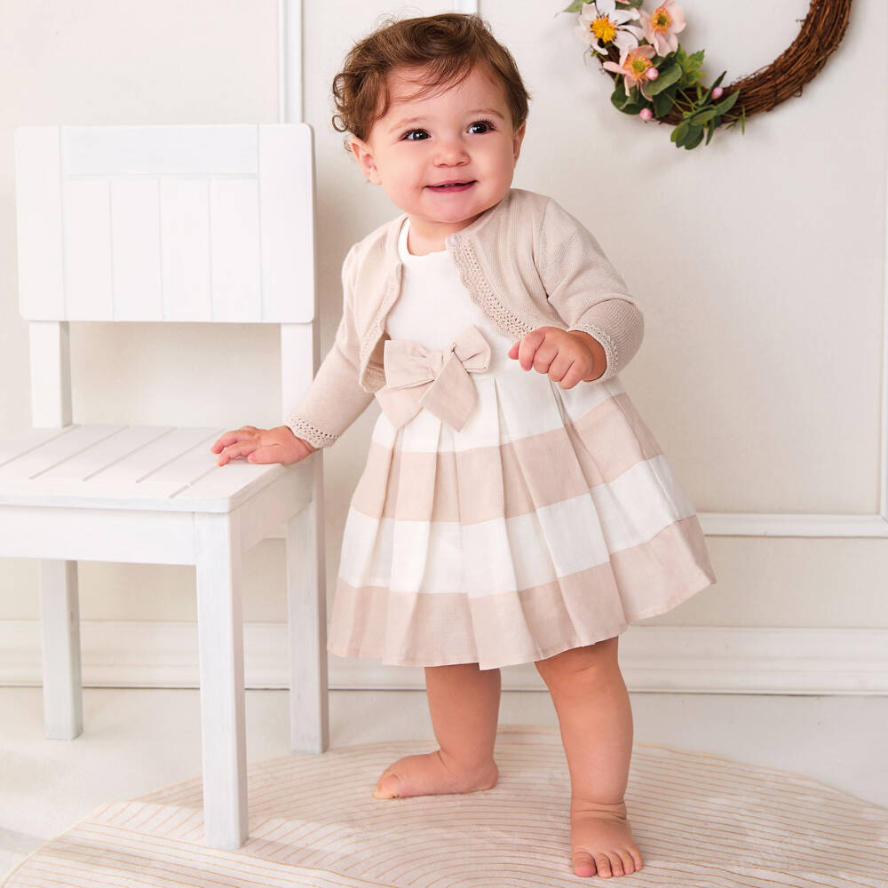 iDO Mini-Baby Girls Ivory & Beige Pleated Dress | Childrensalon