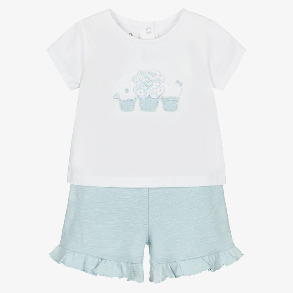 iDO-Baby Girls Pale Blue Cotton Shorts Set with Floral Appliqués | Childrensalon