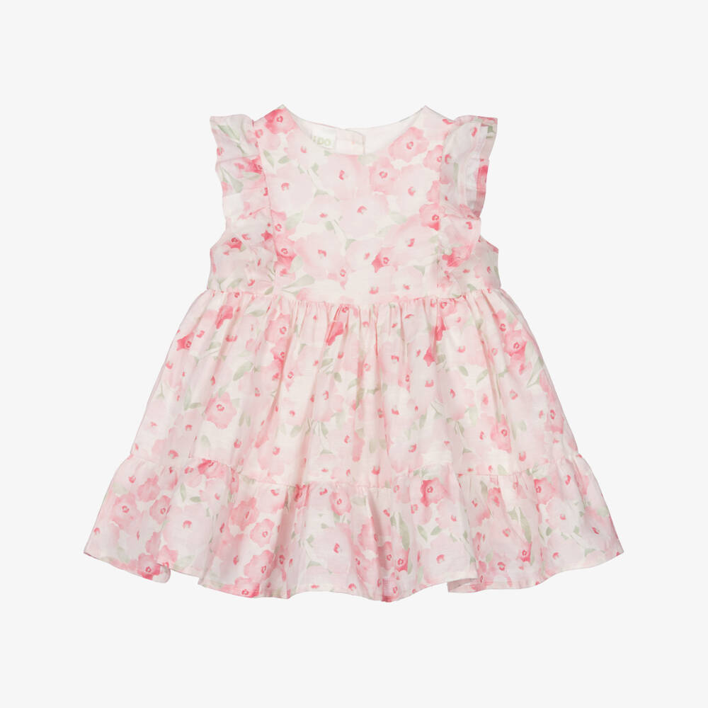 iDO-Baby Girls Pink Linen & Cotton Floral Print Dress | Childrensalon