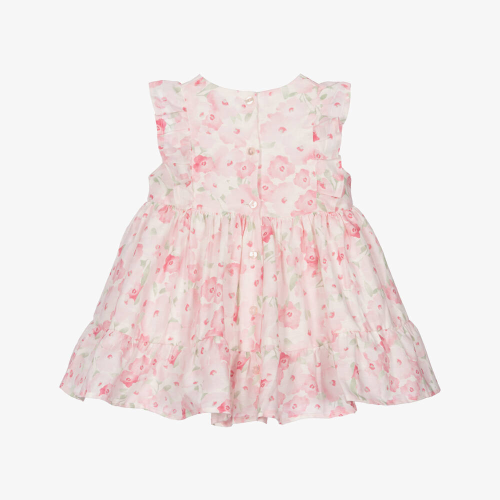 iDO-Baby Girls Pink Linen & Cotton Floral Print Dress | Childrensalon