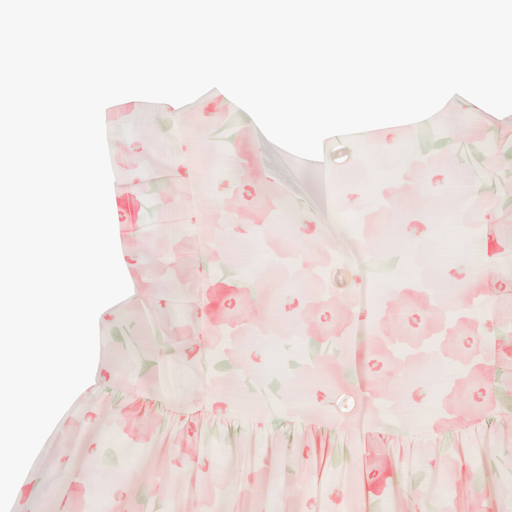 iDO-Baby Girls Pink Linen & Cotton Floral Print Dress | Childrensalon