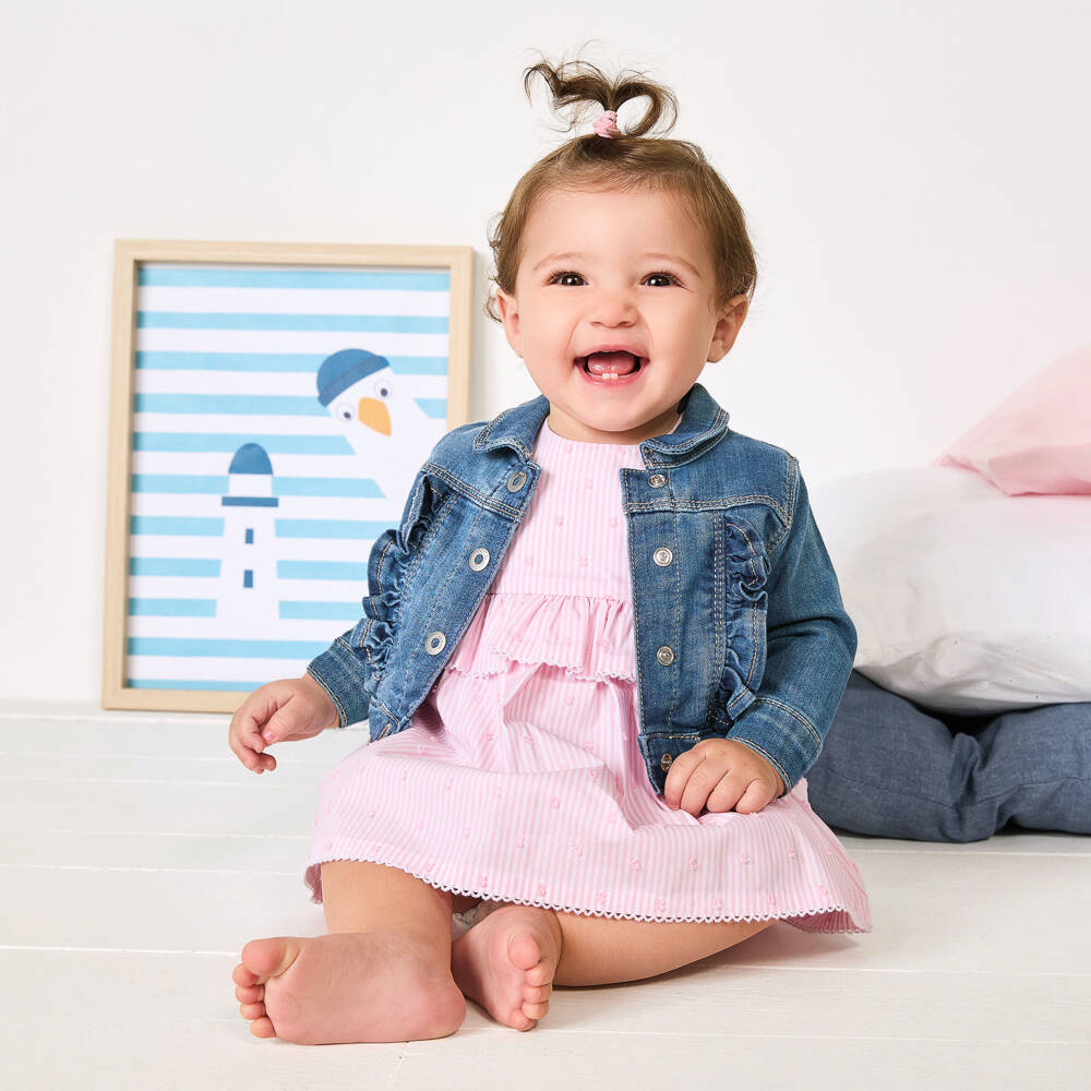 iDO-Baby Girls Pink Striped Cotton Dress with Ruffle | Childrensalon