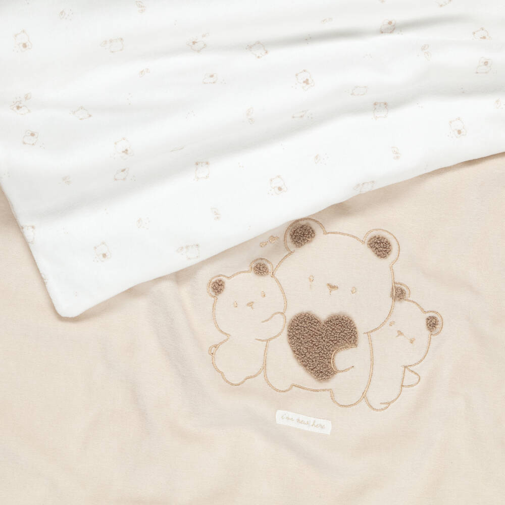 iDO-Beige Velour Baby Blanket with Bear Motifs (94cm) | Childrensalon