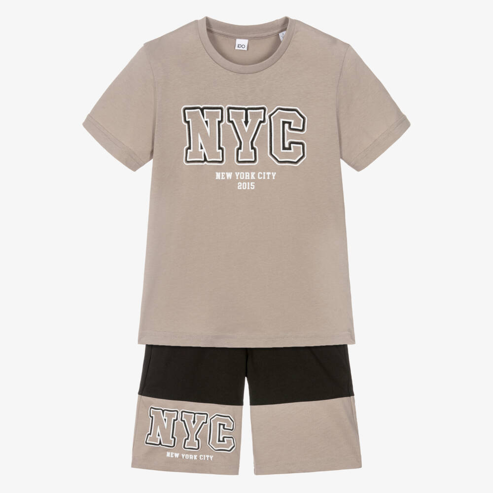 iDO-Boys Beige & Black Cotton NYC Shorts Set | Childrensalon