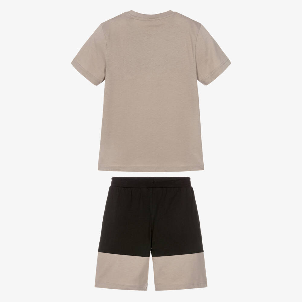 iDO-Boys Beige & Black Cotton NYC Shorts Set | Childrensalon