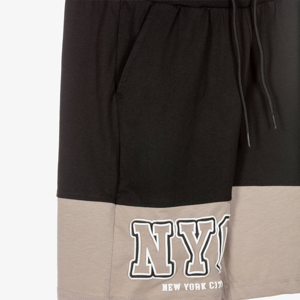 iDO-Boys Beige & Black Cotton NYC Shorts Set | Childrensalon