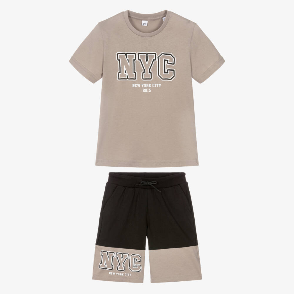 iDO-Boys Beige & Black Cotton NYC Shorts Set | Childrensalon