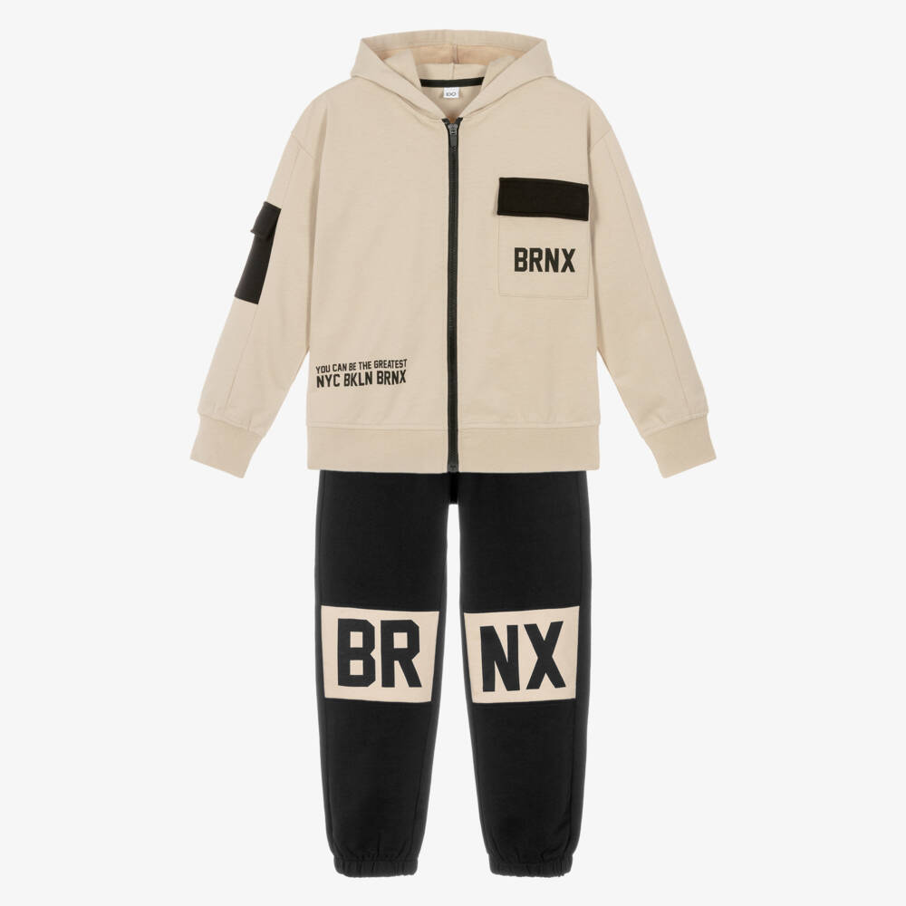 iDO-Boys Beige & Black Graphic Cotton Tracksuit | Childrensalon