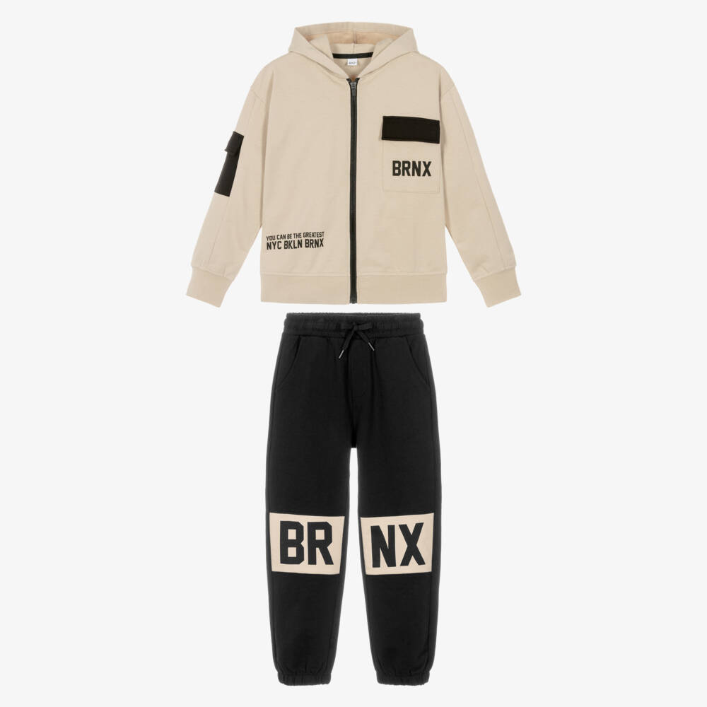 iDO-Boys Beige & Black Graphic Cotton Tracksuit | Childrensalon