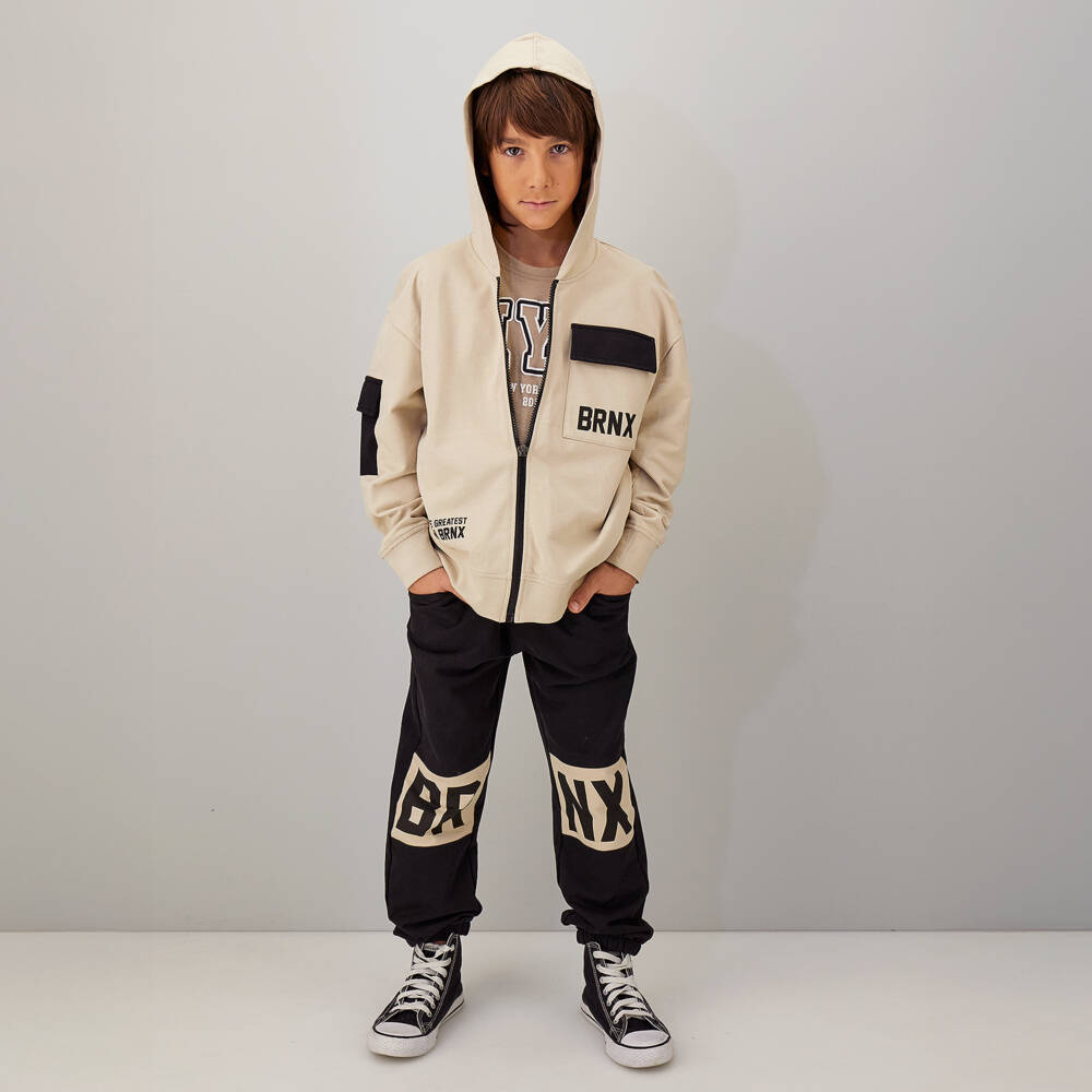 iDO-Boys Beige & Black Graphic Cotton Tracksuit | Childrensalon