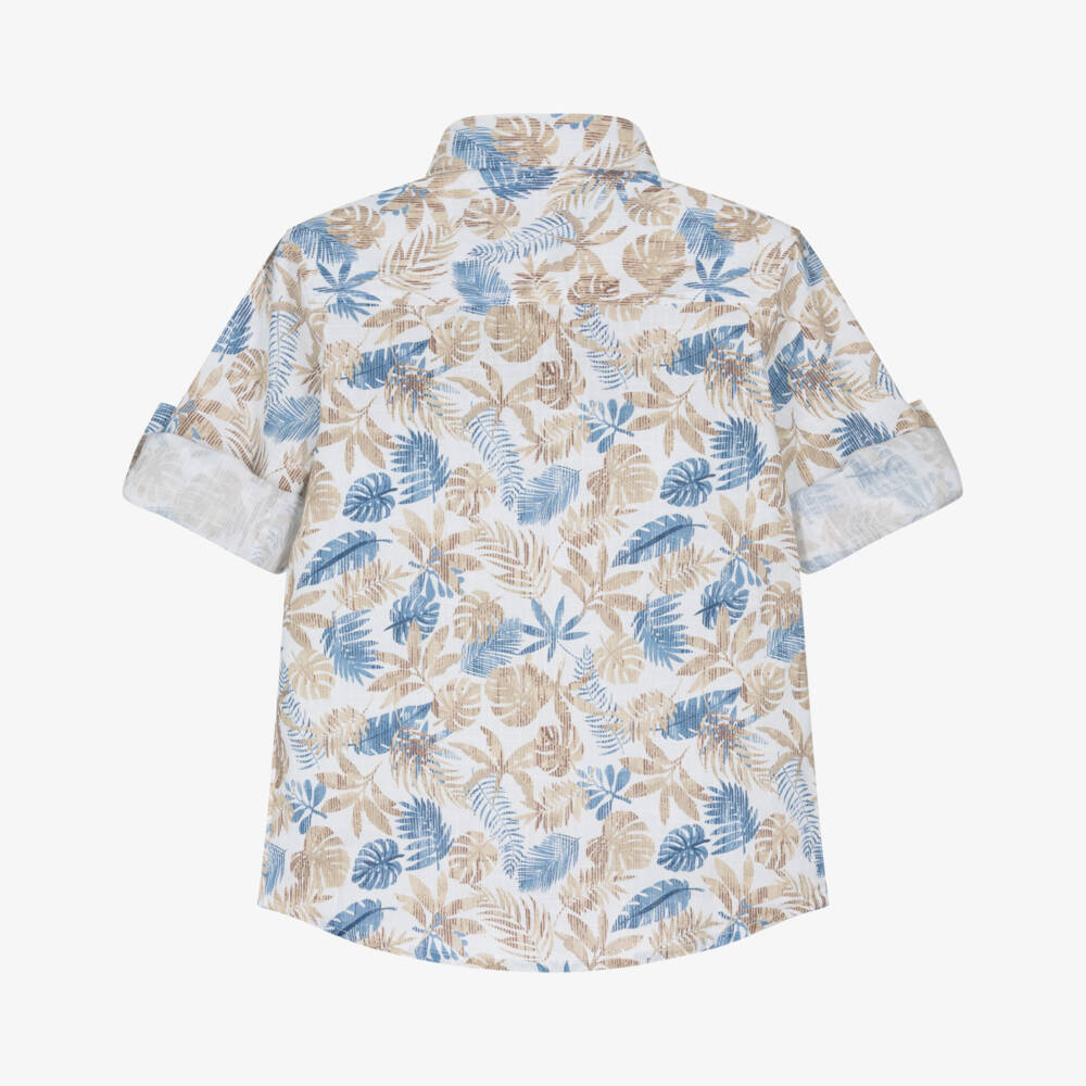 iDO-Boys Beige & Blue Palm Leaf Print Shirt | Childrensalon