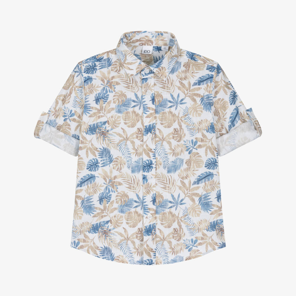 iDO-قميص بطبعة أوراق النخيل لون بيج وأزرق للأولاد | Childrensalon