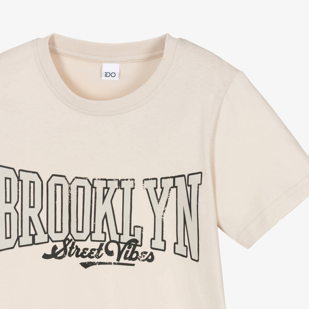 iDO-Boys Beige Cotton Brooklyn T-Shirt | Childrensalon