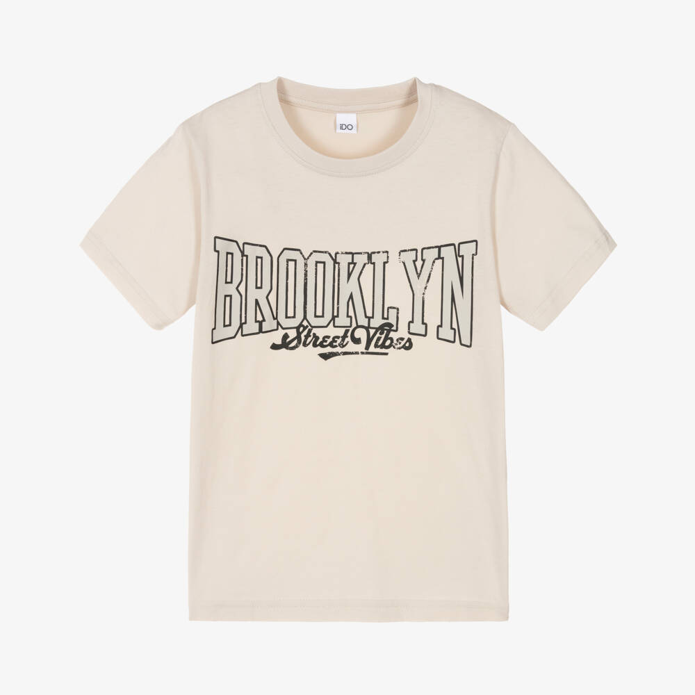 iDO-Boys Beige Cotton Brooklyn T-Shirt | Childrensalon