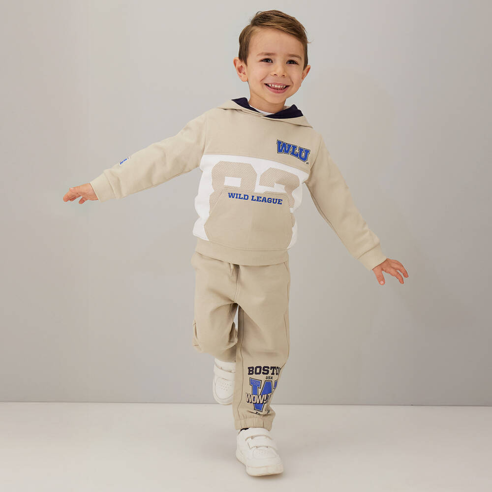 iDO-Худи бежевое из хлопка с графикой в стиле колледжа для мальчиков | Childrensalon