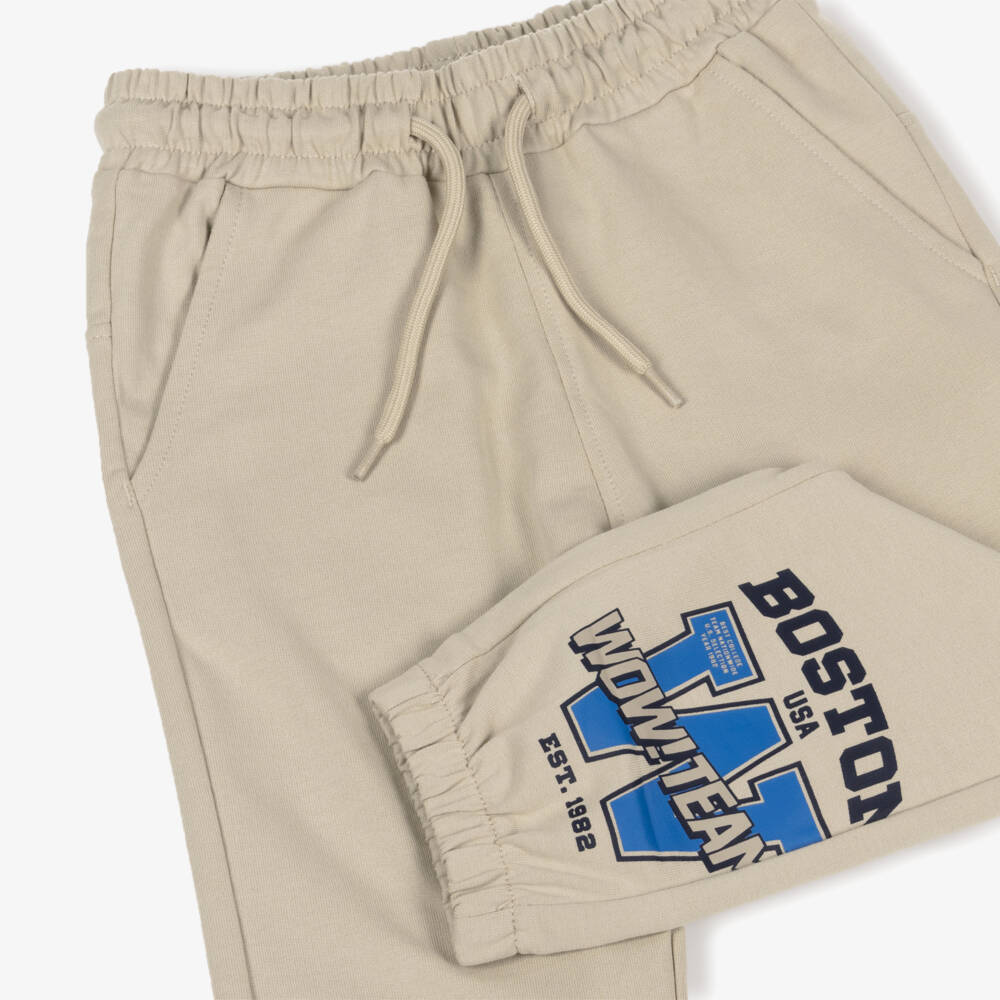 iDO-Boys Beige Cotton Joggers with Varsity Style Motif | Childrensalon
